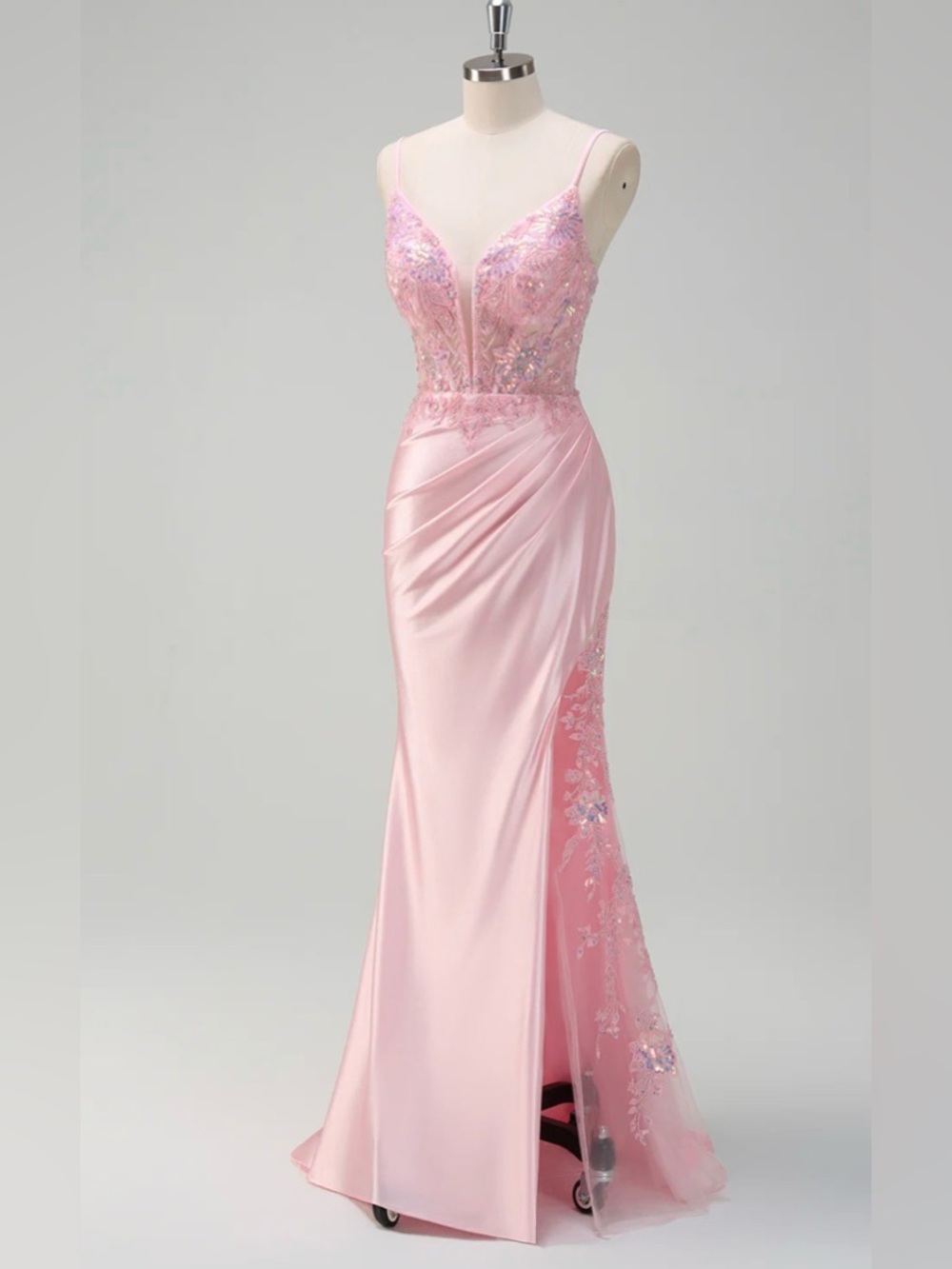 Elegant Pink Embellished Spaghetti-Strap Evening Dress
